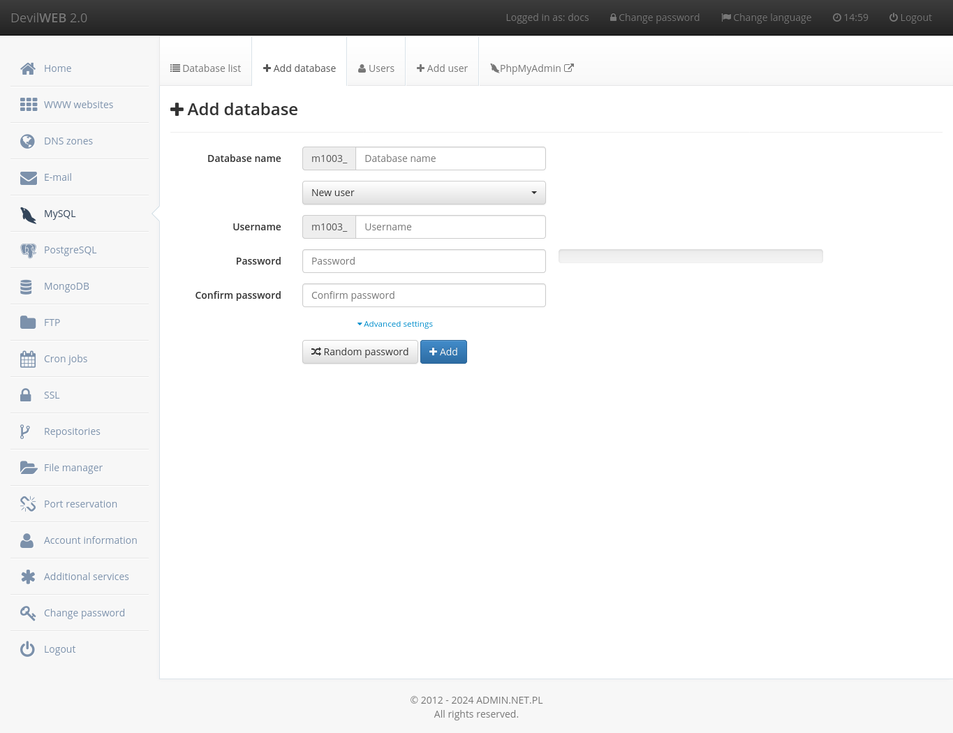 MySQL databases - add database