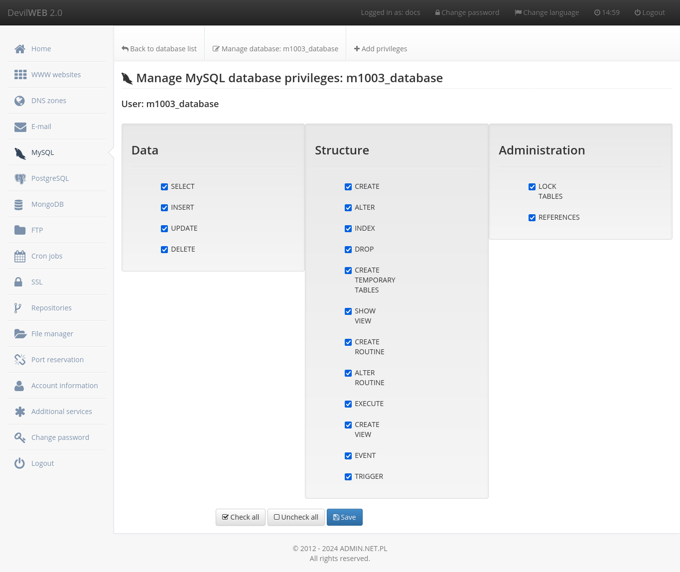 MySQL databases - permissions